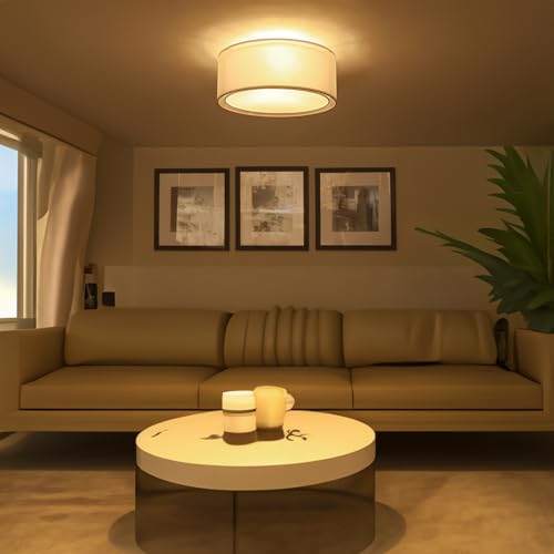 3-Light Double Fabric Drum Ceiling Light Fixture, 12.59 Inches Simple Semi Flush Mount Ceiling Lights with Double Fabric Shade, Modern Close to Ceiling Lights for Bedroom, Hallway E26 60W