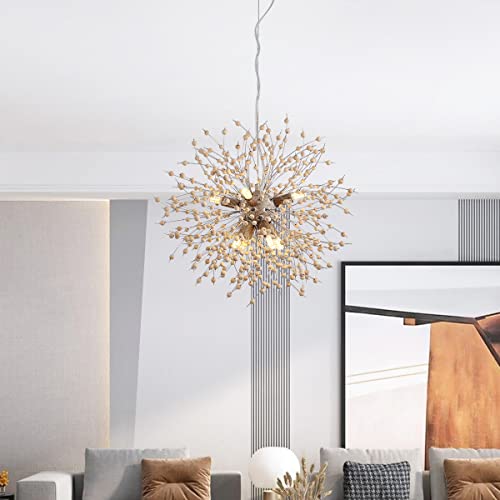 Modern Wooden Beads Dandelion Chandelier, Firework Pendant Lighting, 8-Lights Boho Hanging Light Fixture for Living Room Dining Room Bedroom Kitchen Foyer（Bulb is Included）