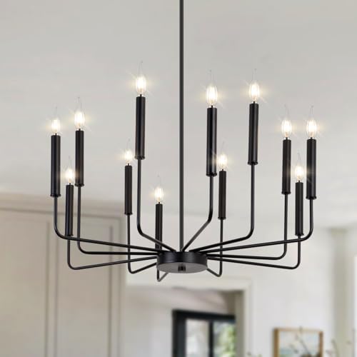 Farmhouse Black Chandelier for Dining Room, 16-Light Modern Candle Chandelier Light Fixture, Rustic Industrial Hanging Chandeliers Lighting for Living Room, Kitchen, Staircase, Entryway