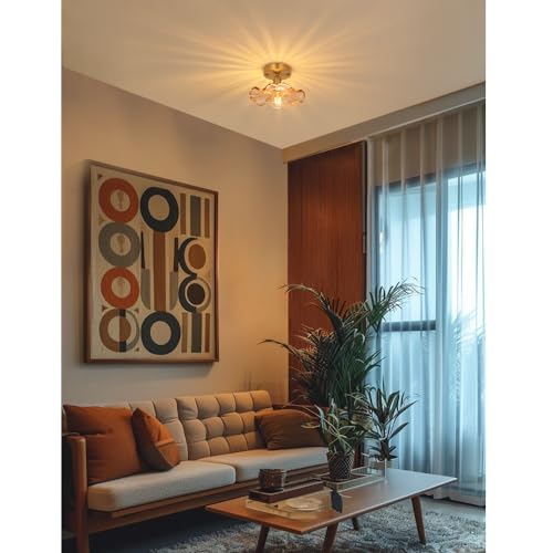 Semi Flush Mount Ceiling Light, Gold Hallway Vintage Lights Fixture Ceiling with Amber Peony Glass, Bulb Included, 4.72" Base Modern Ceiling Light Fixtures for Kitchen Bedroom