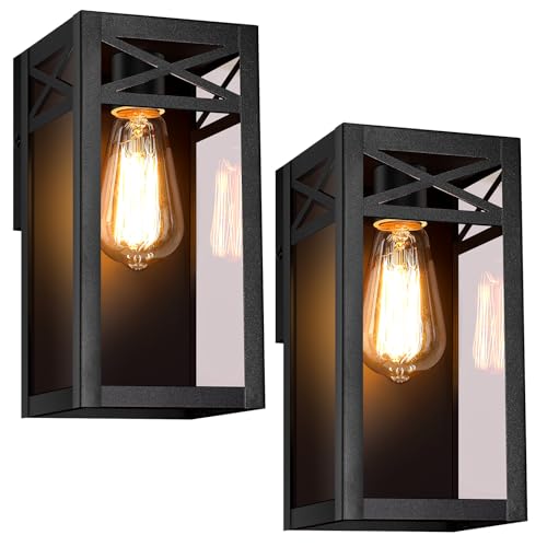 Outdoor Wall Lanterns, Exterior Waterproof Matte Black Wall Light Fixtures, Sconces Wall Lighting with Clear Glass Shade, Anti-Rust E26 Socket Wall Mount Lights for Porch Entryway Patio Garage, 2 Pack