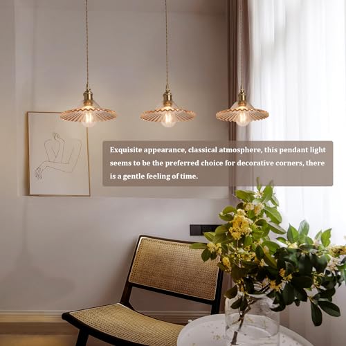 Pendant Light with White Pleated Ceramic Lmapshade, Brass Vintage Pendant Light Adjustable Hanging Light for Kitchen Island Dining Room Hallway 7.87 Inch Diam