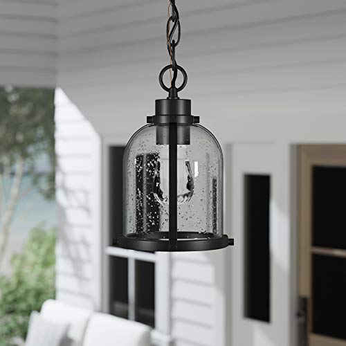 1-Light Outdoor Pendant, Matte Black, Clear Glass Shade, E26 Base Socket, Kitchen Island, Café, Ceiling Hanging Light Fixture, Modern, Vintage, Porch Light, Bulb Not Included