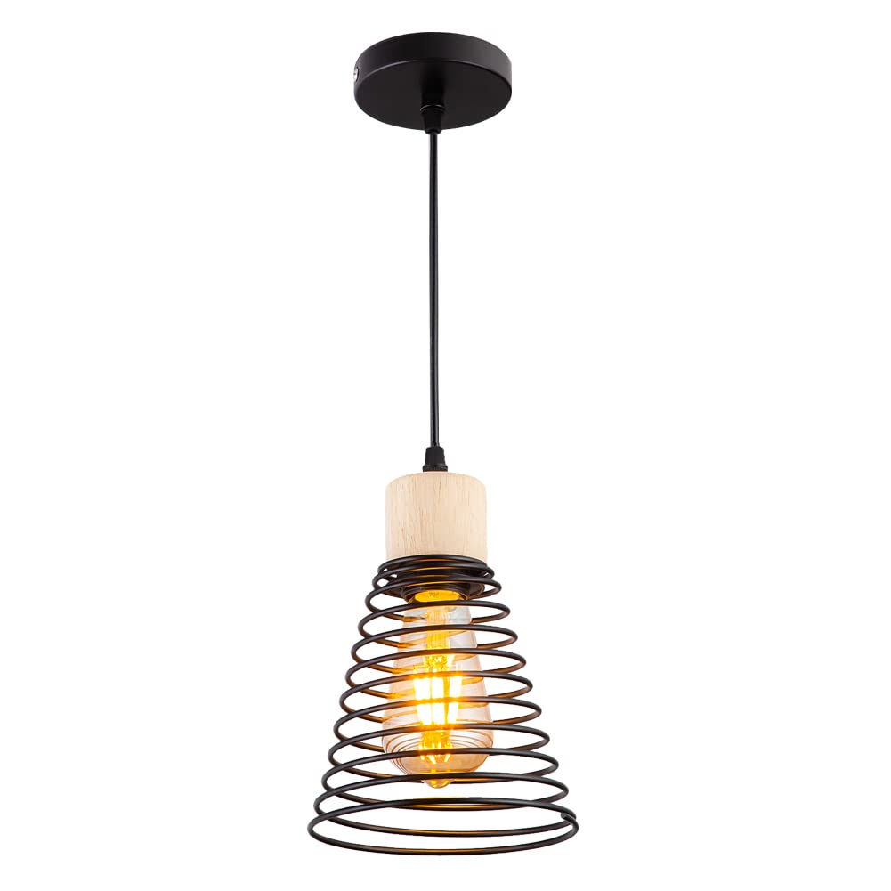 Modern Black Pendant Light Over Kitchen Island, Adjustable Wood Hanging Light Fixture,Industrial Pendant Lighting for Dining Room,Living Room,Bedroom,Hallway,Kitchen,Bar