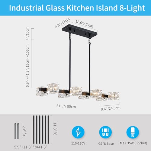 XINGQI Gold Chandelier Sputnik 8-Light Modern Farmhouse Glass Light Fixtures Rectangle Linear Chandelier for Dining Room Living Room Bedroom Kitchen Island