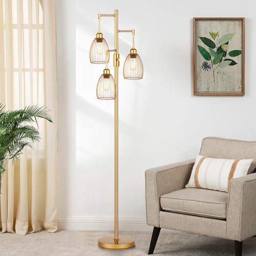 Dimmable Floor Lamp, Industrial Floor Lamps for Living Room, Gold Tree Lamp Standing Lamp Tall Lamps with 3 Elegant Teardrop Cage Head & 800 Lumens LED Bulbs for Living room Bedroom Office