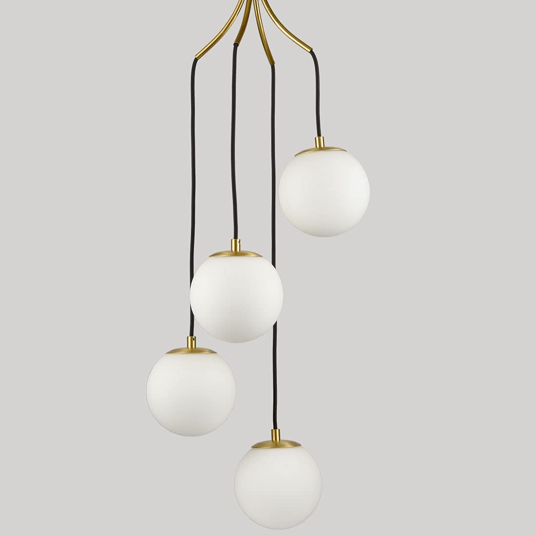 Mid Century Modern Pendant Lighting 4-Light Globe Chandeliers White Opal Glass Shade Brass