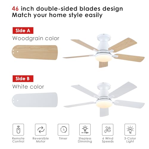 Ceiling Fans with Lights- 46"Low Profile Indoor Ceiling Fan with Light and Remote/APP Control, Flush Mount, LED Dimmable DC Reversible Modern Ceiling Fan for Bedroom（Black）