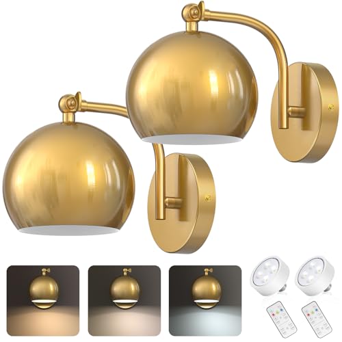 Wall Sconces Battery Operated, Gold Wall Sconce Battery Operated with Remote Set of 2, Not Hardwired Dimmable Battery Wall Sconce, Wireless Wall Lamp/Light for Bedroom, LED Bulb Included