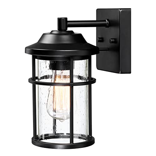 Outdoor Wall Lantern, Exterior Waterproof Wall Sconce Light Fixture, Anti-Rust Black Wall Mount Lighting with Seeded Glass Shade, E26 Socket Front Porch Lights for Outside, Modern House, Garage, Patio