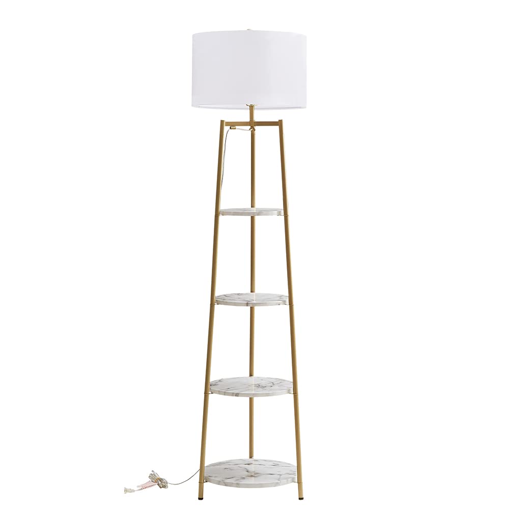 Floor Lamp, Standing Reading Light with Faux Marble Shelves and Fabric Shade, Modern Tall Pole, Accent Furniture Décor Lighting for Living Room, Bedrooms