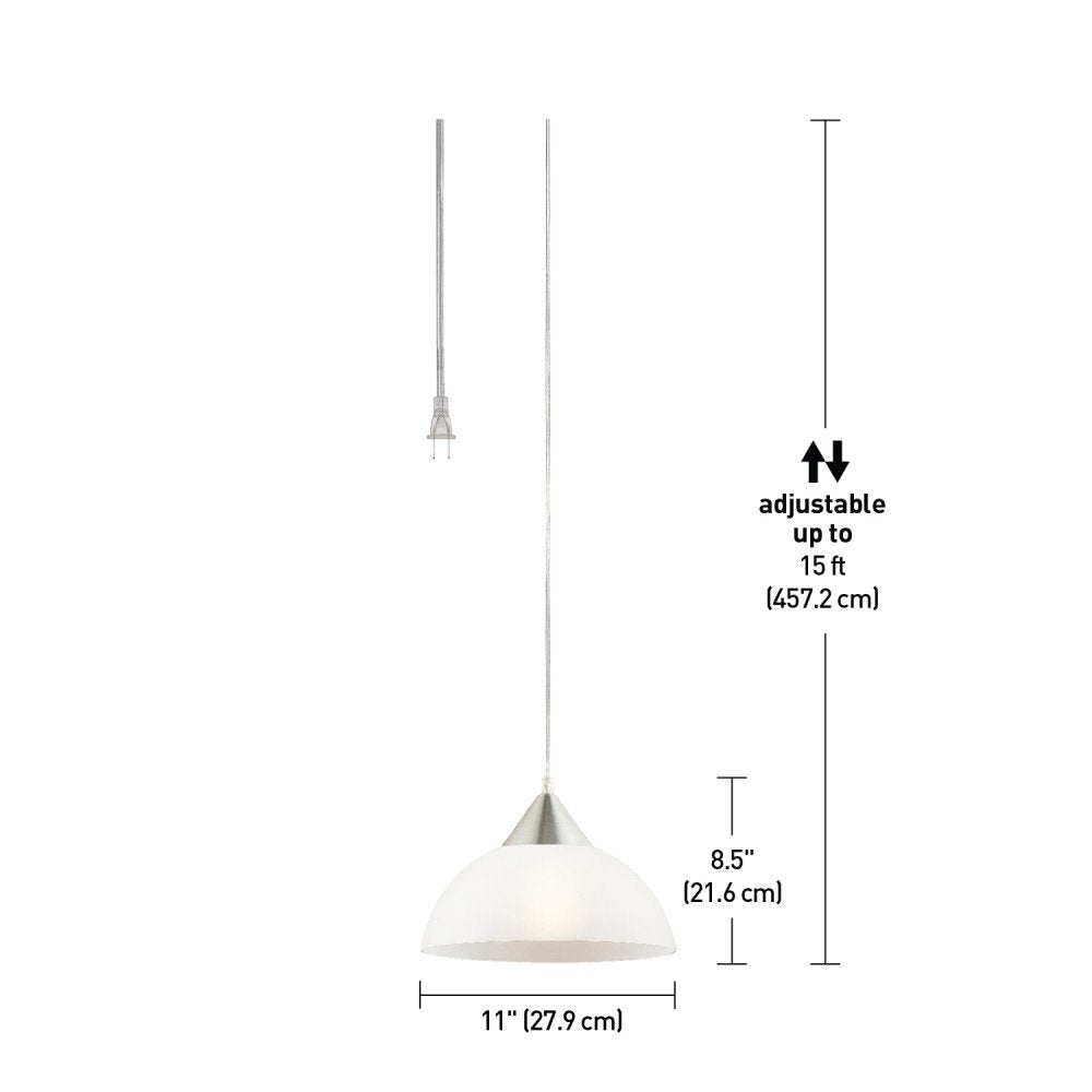 1-Light Plug-in Pendant, Brushed Steel, Frosted White Shade, 15ft Clear Cord, in-Line On/Off Switch, E26 Base Socket, Kitchen Island, Café, Hanging Light, Bulb Not Included