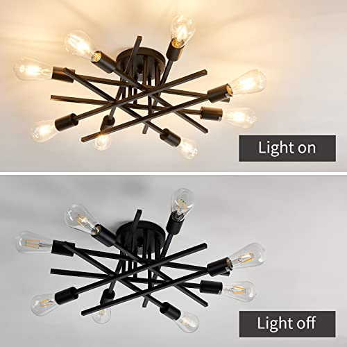 Semi Flush Mount Modern Ceiling Light Fixture， 6 Lights Black Vintage Matte Sputnik Chandelier Ceiling Lamp with E26 Bulb Base for Farmhouse Dining Room Living Room Bedroom Study Kitchen