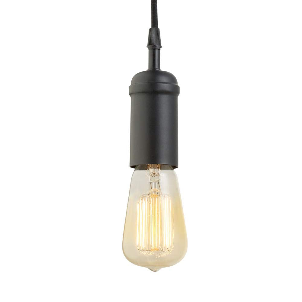 1-Light Pendant, Matte Black, Black Woven Fabric Cord, E26 Base Socket, Kitchen Island, Café, Decorative, Ceiling Hanging Light Fixture, Modern, Vintage, Bulb Not Included