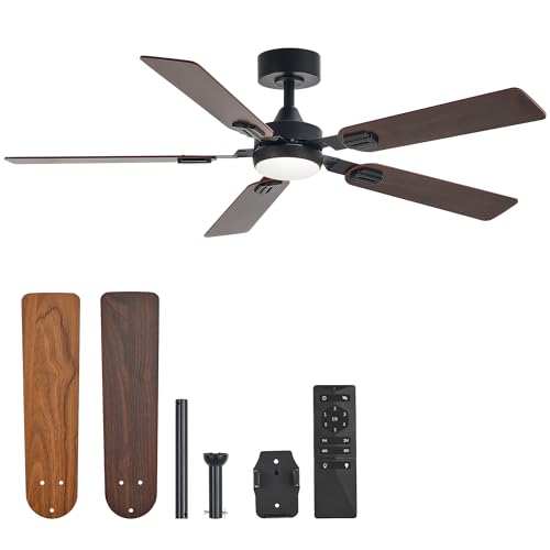 Ceiling Fans with Lights and Remote, 52" Ceiling Fan with 5 Blades, 6-Speeds Noiseless Reversible DC Motor for Farmhouse Bedroom Indoor, Black