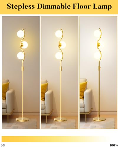 Dimmable Globe Floor Lamp, Gold Standing Lamps with 4PCS 3000K G9 Bulbs Soft Warm White Eye Care, Mid Century Modern Floor Lamp for Living Room