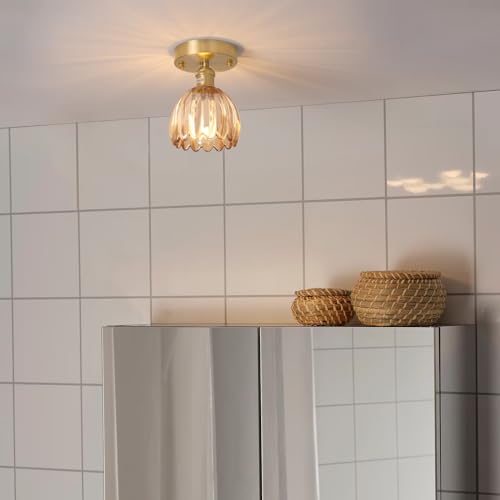 Semi Flush Mount Ceiling Light, Gold Hallway Vintage Lights Fixture Ceiling with Amber Peony Glass, Bulb Included, 4.72" Base Modern Ceiling Light Fixtures for Kitchen Bedroom