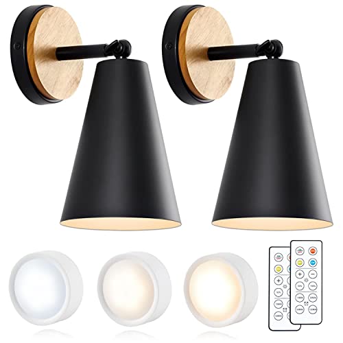 Wood Battery Operated Wall Sconce, IR Remote Control Battery Operated Sconces, Matte Black Battery Operated Wall Sconce, Wall Lights Battery Operated for Bedrooms, Living Room