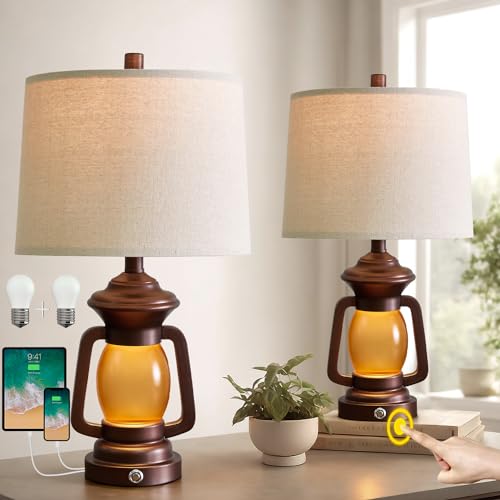 Farmhouse Rustic Table Lamps for Bedroom Set of 2, Vintage Lantern Lamp with Dual USB Charging Ports, 20.5" Retro Antique Bedside Nightstand Desk Lamp for Living Room, 2 Bulbs Included