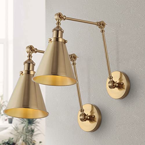 Rover 7" Farmhouse Industrial Adjustable Arm Metal LED Wall Sconce Rustic Bohemian 2700K 4W Bulb for Entryway Lobby Kitchen Bathroom Bedroom Hallway, Brass Gold (Set of 2)