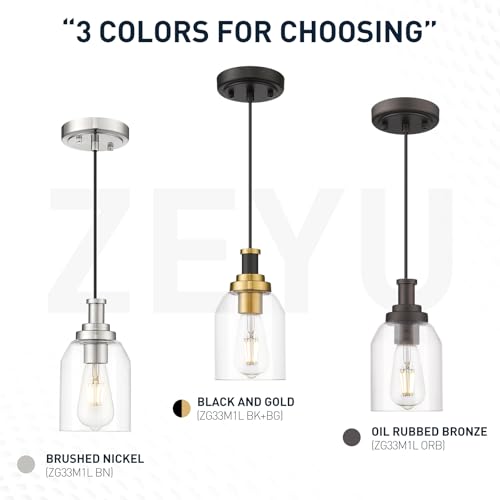 zeyu 3-Light Pendant Light Fixture, Modern Cluster Pendant Lighting, Hanging Light Fixture for Kitchen Island, Clear Glass Shade, Black and Gold Finish, ZG33-3 BK+BG