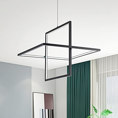 Modern LED Chandelier Linear Rectangle Chandelier Dimmable 35.4” Kitchen Island Lighting, Contemporary Hanging Linear Led Pendant Chandelier Light Fixture for Dining Room Hallway Bar Black