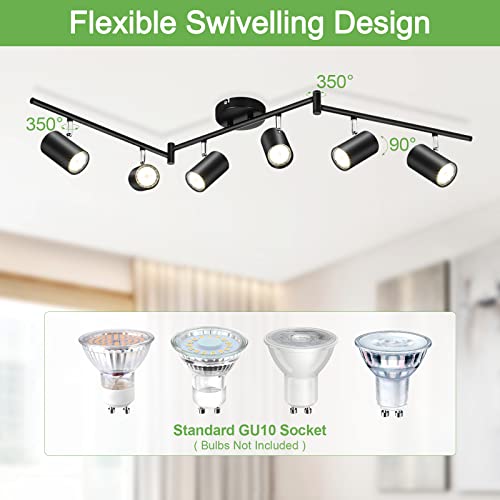 6-Light Black Track Lighting Fixtures for Ceiling, 6 Way LED Track Light Kit with Adjustable Light Heads & GU10 Socket, Adjustable Ceiling Spot Lighting for Kitchen, Dining Room, Bar, Office