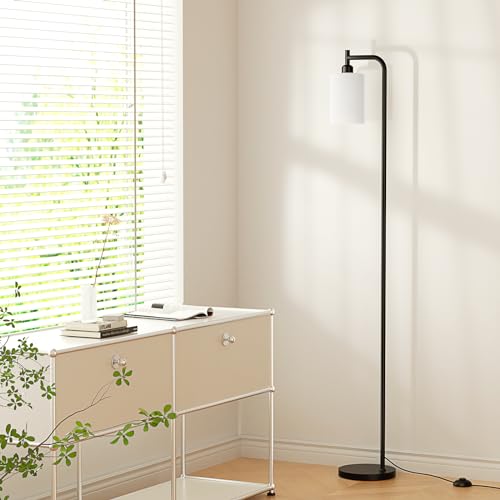 Industrial Floor Lamp with Glass Shade - Black, LED Bulbs, Foot Pedal Switch, Easy Assembly