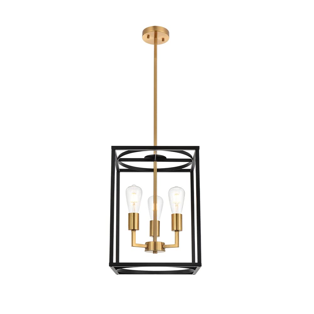 Modern 4 Light Farmhouse Chandelier Gold Linear Kitchen Island Pendant Light Traditional Rectangular Dining Room Lighting Fixture Hanging Metal Cage Pendant Lamp for Hallway Foyer