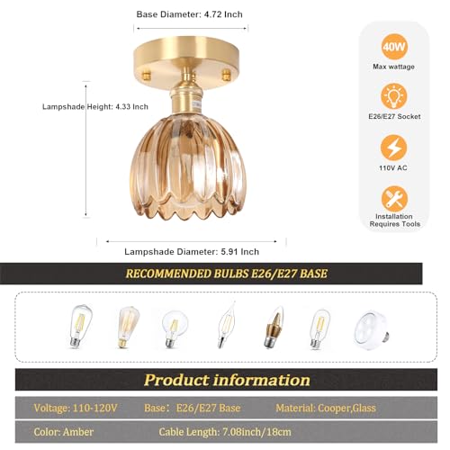 Semi Flush Mount Ceiling Light, Gold Hallway Vintage Lights Fixture Ceiling with Amber Peony Glass, Bulb Included, 4.72" Base Modern Ceiling Light Fixtures for Kitchen Bedroom