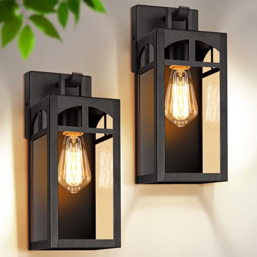 Outdoor Wall Lanterns, Exterior Waterproof Matte Black Wall Light Fixtures, Sconces Wall Lighting with Clear Glass Shade, Anti-Rust E26 Socket Wall Mount Lights for Porch Entryway Patio Garage, 2 Pack