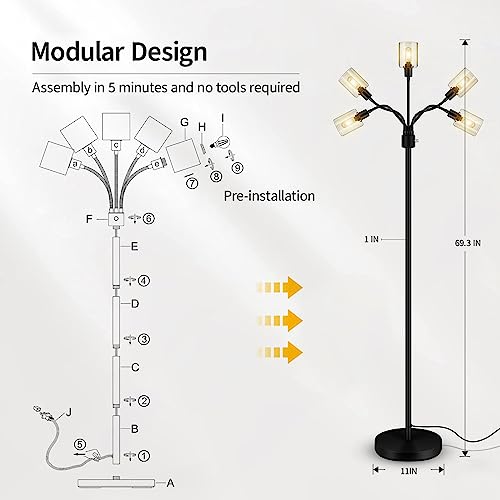 Floor Lamp, 6W Black Modern Floor Lamp with 4W Adjustable Reading Lamp, 2700K Energy-Saving LED Bulbs Included, Industrial Bright Floor Lamp for Bedroom, Living Room and Office