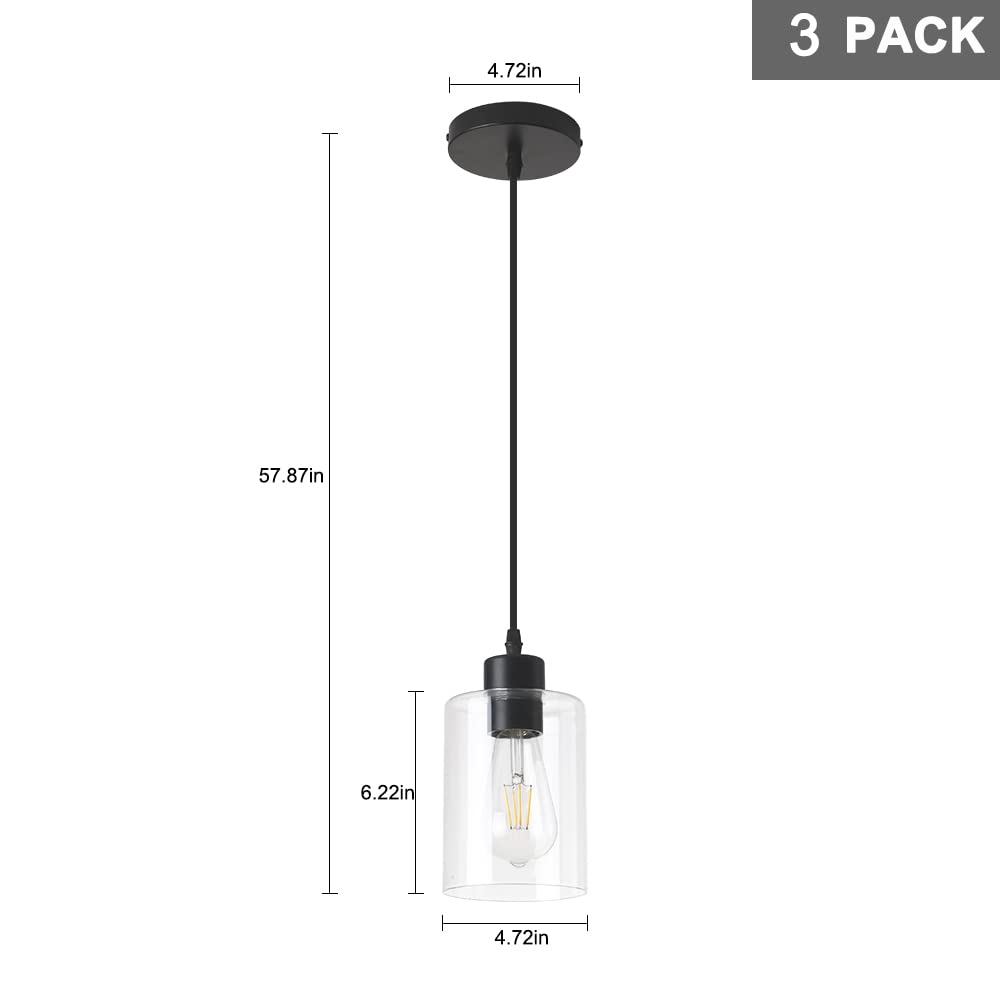 3 Lights Pendant Lighting for Kitchen Island,3 Tier Linear Pendant Chandeliers with 1 Base,Modern Farmhouse Island Light with Clear Glass,Adjustable (Black Island 3 Tier Stem Rod)