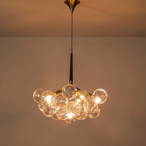 Semi Flush Mount Ceiling Bubble Ball Chandelier Lighting Dia 20 Inch Gold Clear Ribbed Blown Glass Chandeliers Ceiling Medallions Light Fixtures for Bedroom, Living Room, Entry, Bathroom