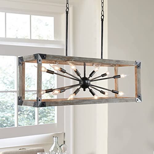 Kitchen Island Light Fixtures Dining Room Distressed White Rectangular Modern Farmhouse Chandelier, 3-Light Metal Rustic French Country Pendant Lighting Ceiling Light Hanging Lamp, No Wood