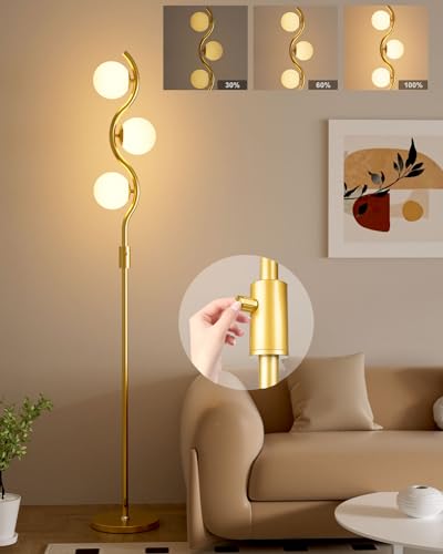 Dimmable Globe Floor Lamp, Gold Standing Lamps with 4PCS 3000K G9 Bulbs Soft Warm White Eye Care, Mid Century Modern Floor Lamp for Living Room