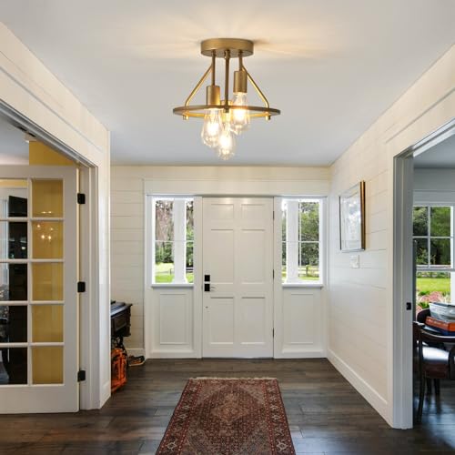 Industrial Semi Flush Mount Ceiling Light Fixture 3-Light Matte Black and Gold Chandelier E26 Farmhouse Ceiling Lamp for Entryway Hallway Bedroom Passway Balcony