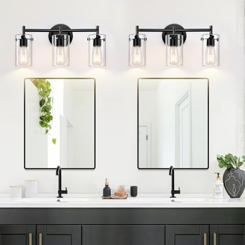 Bathroom Light Fixtures 2023 Upgrade, 3-Light Matte Black Bathroom Vanity Light, Black Bathroom Lights Over Mirror with Clear Glass Shade, Bathroom Wall Sconces for Mirror Bedroom Living Room Hallway