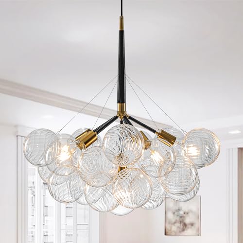 Semi Flush Mount Ceiling Bubble Ball Chandelier Lighting Dia 20 Inch Gold Clear Ribbed Blown Glass Chandeliers Ceiling Medallions Light Fixtures for Bedroom, Living Room, Entry, Bathroom