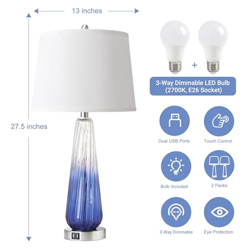 Table Lamps for Living Room with Touch Control, 3-Way Dimmable Bedside Lamps with 2 USB Ports, Modern Glass Nightstand Lamp with White Fabric Shade, 27.5" Large Lamps for Home Bedrooms Decorations