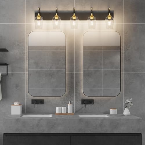 Matte Black Bathroom Vanity Light 4-Lights Industrial Black Vanity Lights Clear Glass Vintage Edison Matte Black Wall Mount Light Fixtures for Bathroom