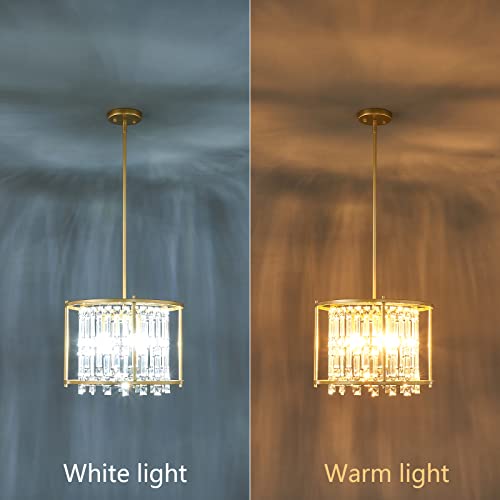 4-Light Dining Room Light Fixture 11.81 inch Square Lndustrial Farmhouse Chandelier Gold Metal Crystal Pendant Light for Kitchen Island Dining Room Living Room Flat and Inclined Ceiling