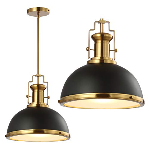 13" 1-Light Modern Industrial Iron LED Dome Pendant, Classic, Cottage, Farmhouse, Industrial, Rustic, Transitional, Office, Living Room, Kitchen, Foyer, Black/Brass Gold