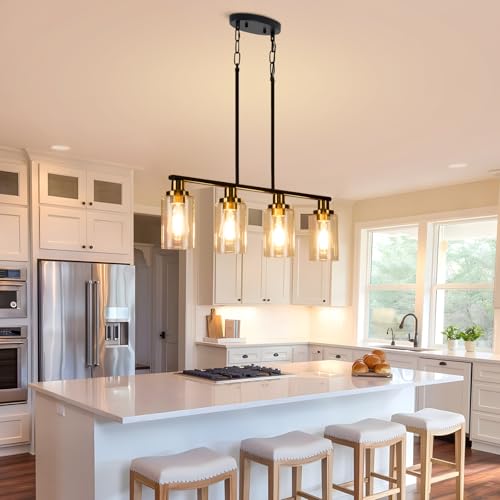 Kitchen Island Lighting, 4-Light Dining Room Light Fixtures Over Table, Gold Linear Chandelier for Dining Room Hanging,Pendant Lights Kitchen Island,with Clear Glass Shade,Height Adjustable