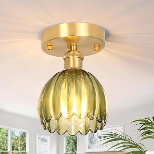 Semi Flush Mount Ceiling Light, Gold Hallway Vintage Lights Fixture Ceiling with Amber Peony Glass, Bulb Included, 4.72" Base Modern Ceiling Light Fixtures for Kitchen Bedroom