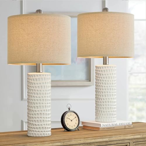 24" Farmhouse Ceramic Table Lamp Set of 2 for Bedroom Living Room White Desk Decor Bedside Lamps for Study Room Office Dorm Modern Accent Nightstand Lamp End Table Lamps