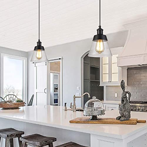 Rustic Glass Pendant Light with Handblown Clear Seeded Glass Shade, One-Light Adjustable Industrial Cone Mini Pendant Lighting Fixture for Kitchen Island Cafe Bar Farmhouse, Oil Rubbed Bronze