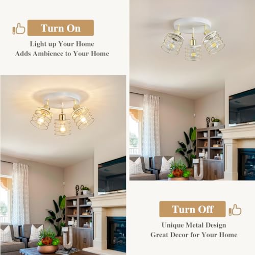 Semi Flush Mount Ceiling Light Fixture, Adjustable 3-Lights Kitchen Light Fixtures Ceiling Mount, Multi-Directional Ceiling Lights for Kitchen Farmhouse Hallway Dining Room Entryway (White & Gold)