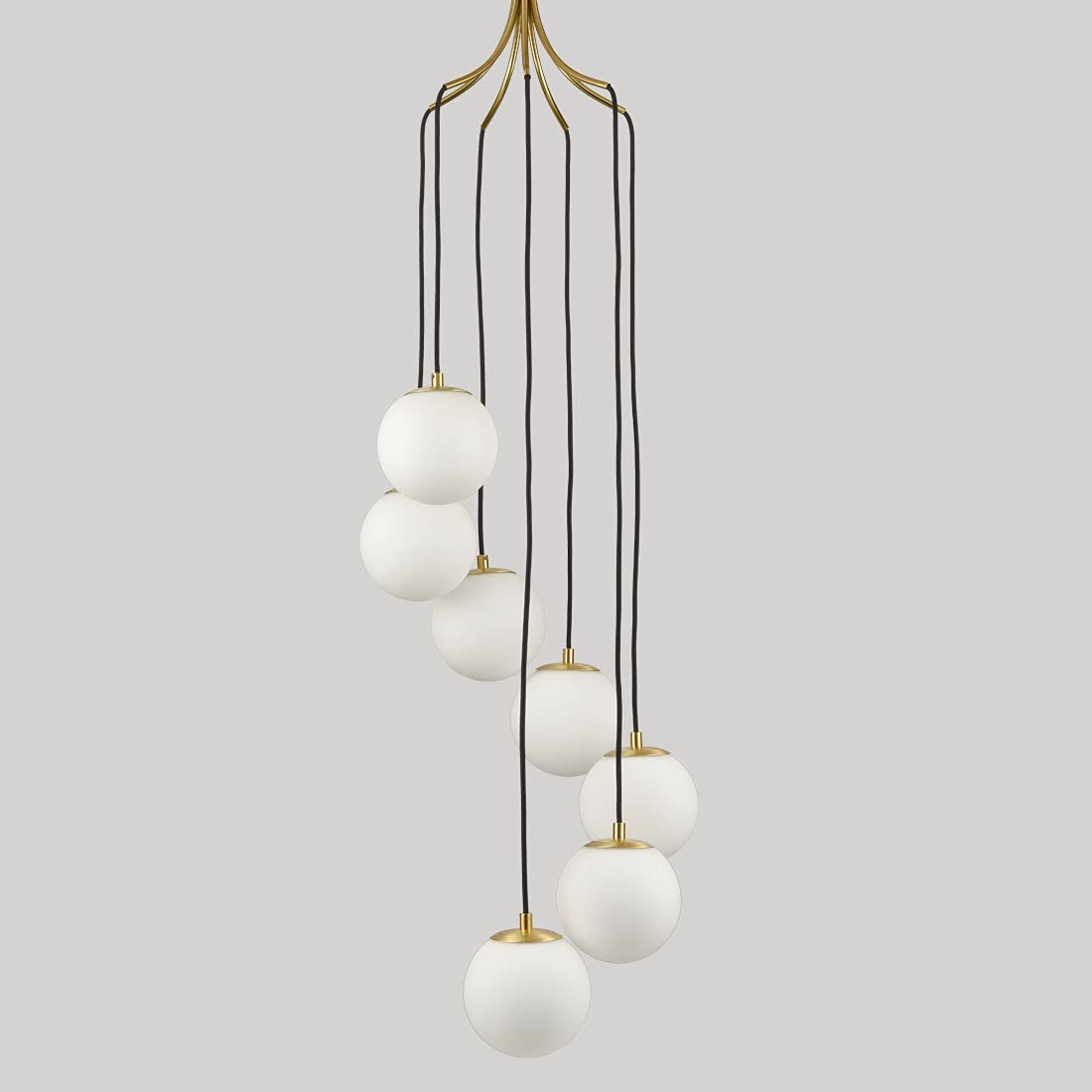 Mid Century Modern Pendant Lighting 4-Light Globe Chandeliers White Opal Glass Shade Brass