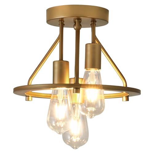 Industrial Semi Flush Mount Ceiling Light Fixture 3-Light Matte Black and Gold Chandelier E26 Farmhouse Ceiling Lamp for Entryway Hallway Bedroom Passway Balcony